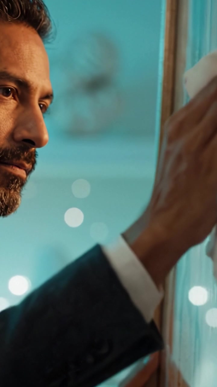 En mann rengjør en glassflate, som avslører refleksjoner og intrikate bokeh-effekter, og viser fokus på detaljer og renslighetens kunst i et stille miljø