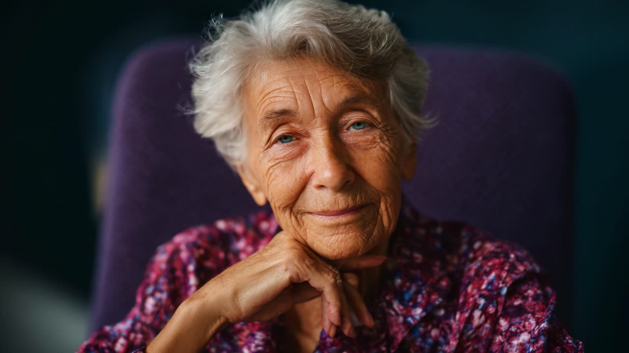 Envelhecendo com elegância: retrato de uma mulher idosa sorrindo, com olhos azuis radiantes e uma expressão gentil, capturada em um momento pensativo em casa