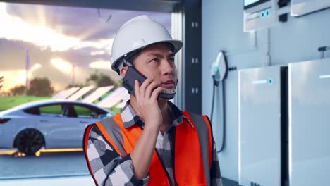 close up of asian male engineer with safety helmet talking on smartphone while standing with home energy storage system in a modern garage