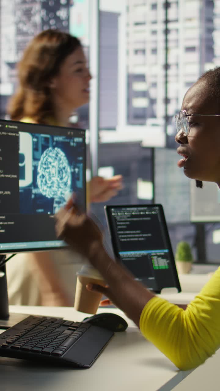 Vertical video Woman yawning while looking at artificial intelligence software on PC