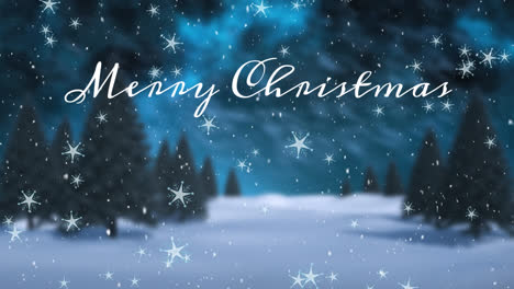 Animation-of-christmas-greetings-text-over-snow-falling-in-winter-scenery