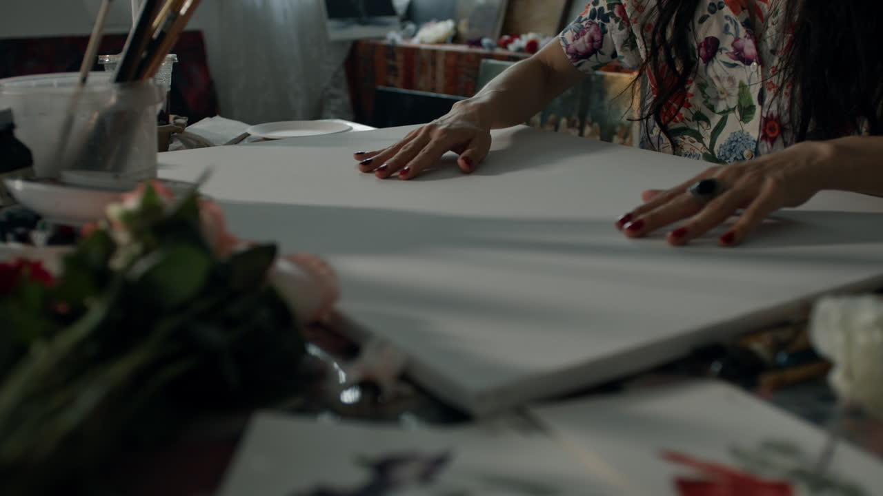 Artist prepares canvas in creative studio, calm and focused atmosphere