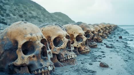 a row of skulls lined up on a beach