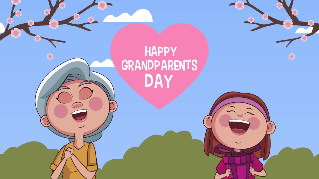 happy grandparents day lettering with grandmother and girl in landscape