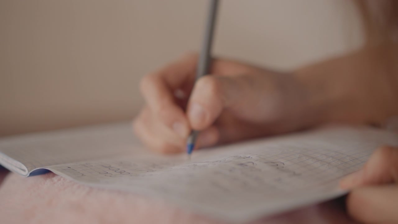 Mano destra che tiene una matita e traccia linee verso il basso su un quaderno a righe mentre la mano sinistra tiene ferma la pagina; una sfocatura di movimento visibile sulle dita e sulla punta della matita mostra una calligrafia attiva, pressione sulla carta, e