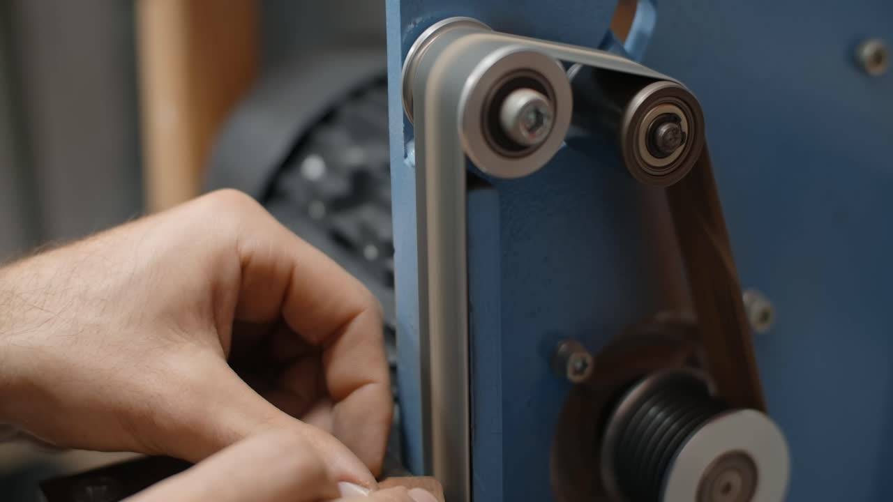 Close-up view of wood being sanded on a belt sander