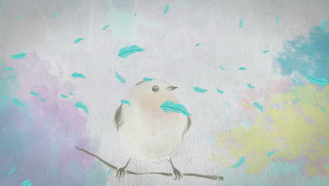 animación de un pájaro dibujando sobre varias plumas que caen