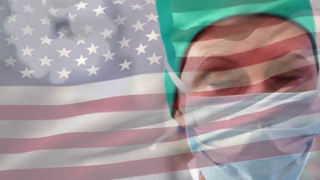 Animation-Des-Schwenkens-Der-US-Flagge-über-Dem-Porträt-Einer-Kaukasischen-Chirurgin-Mit-OP-Maske-Im-Krankenhaus