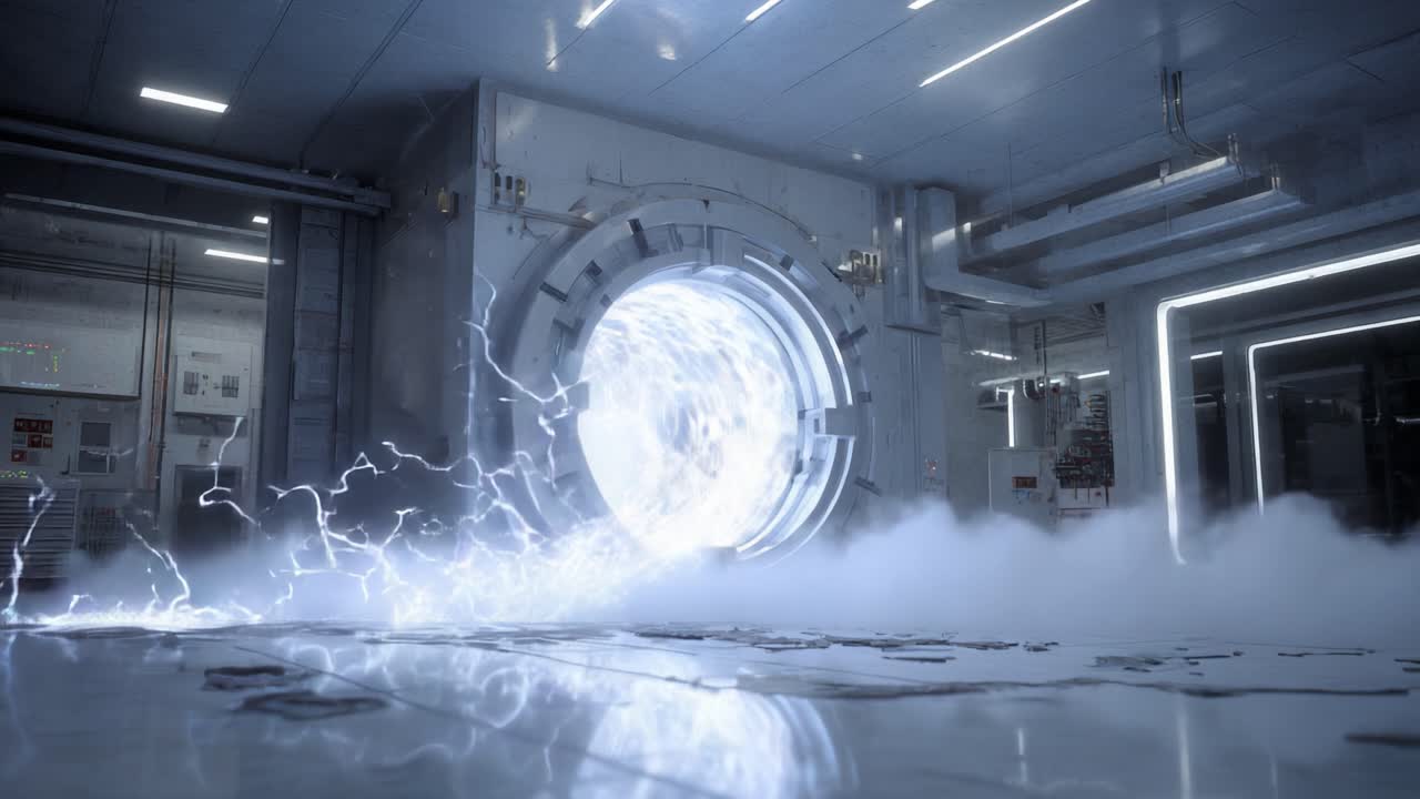 Futuristický stroj na cestování v čase vytváří silnou gravitační singularitu uvnitř high-tech laboratoře. Aktivní interdimenzionální portál generuje elektřinu a uvolňuje kouř na podlahu.