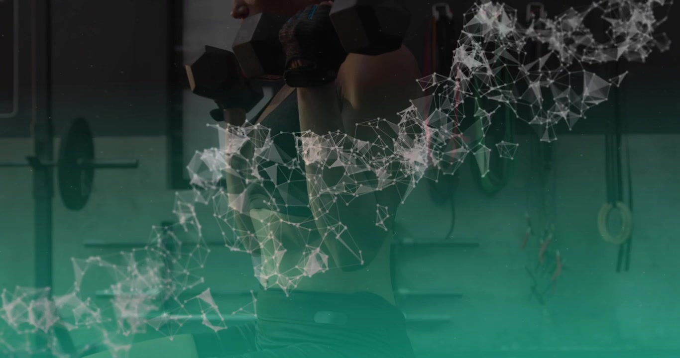 Woman gripping hex weights raising holding lowering as teal particle net aligning lift for fitness