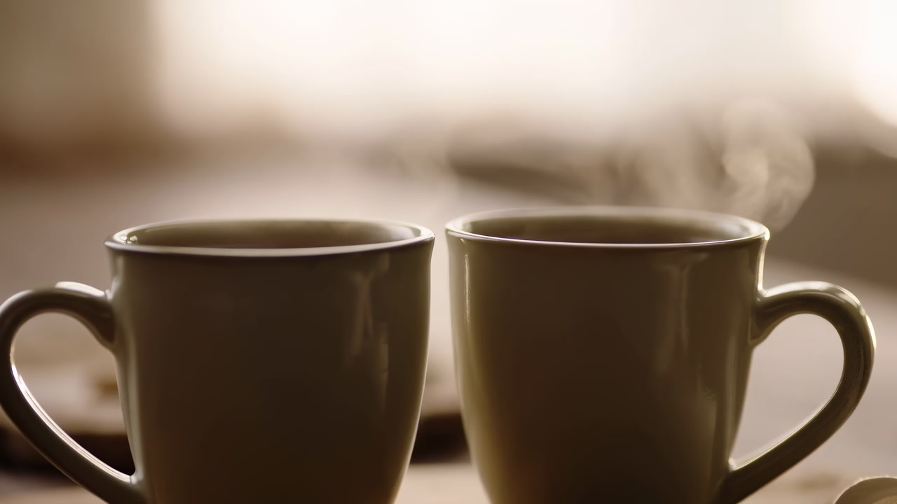 Two Steaming Coffee Mugs On Windowsill Bathed In Soft Sunlight, Warm Brown Tones, Gentle Steam Rising, Blurred