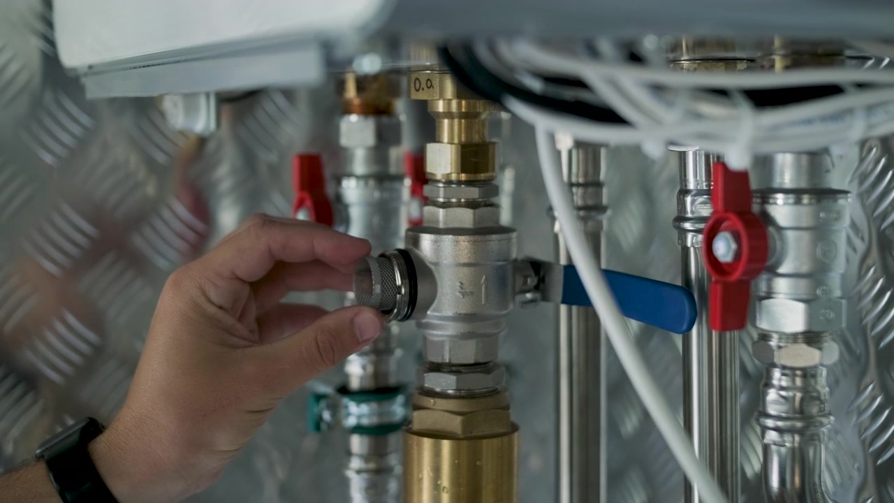 Tekniker installerer filter i rør til industrielt varmesystem