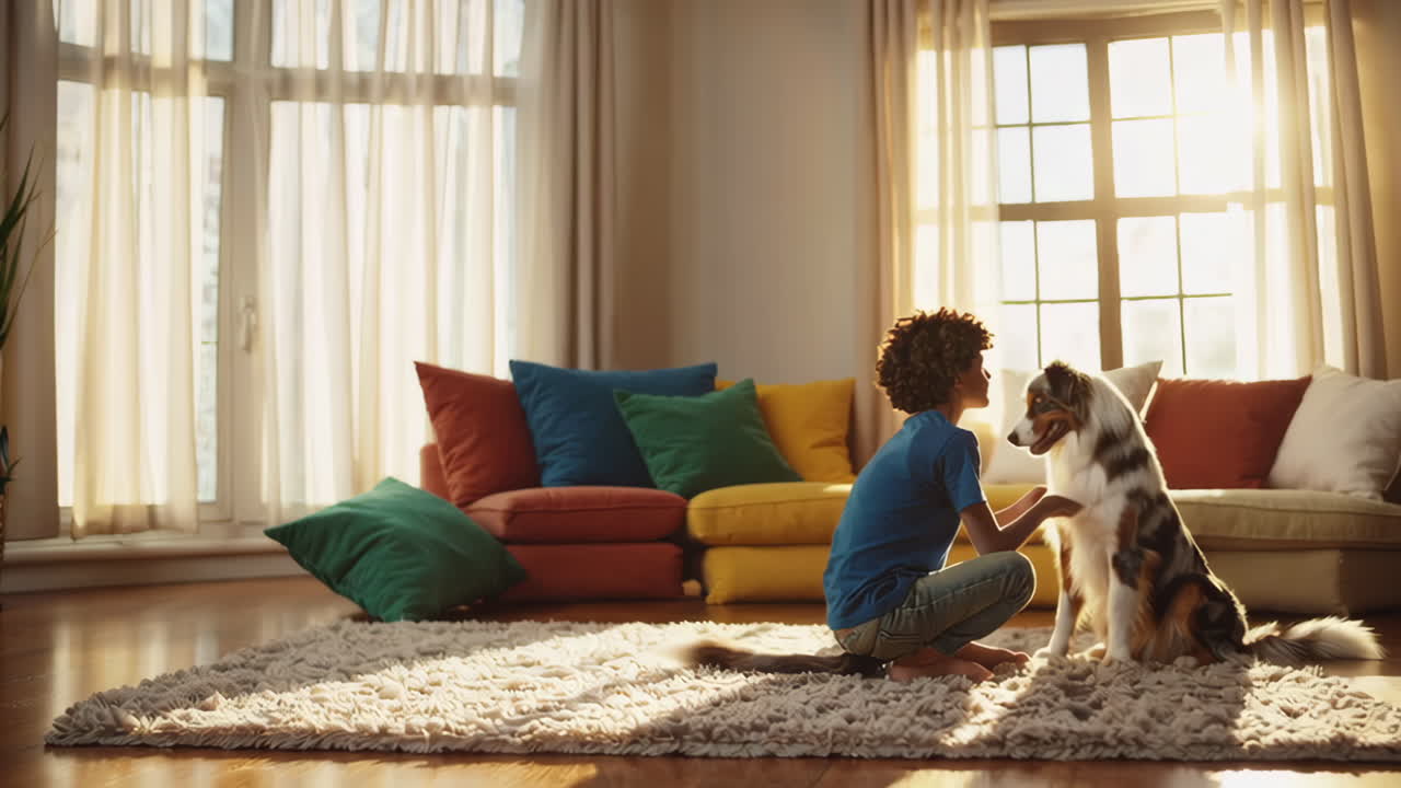A boy shows affection to his dog in a warm, sunlit living room