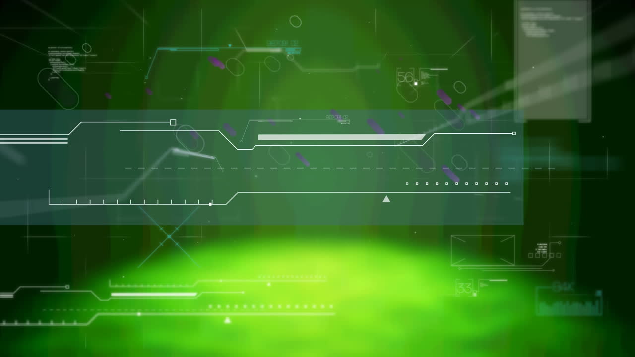 Purple light trails falling over digital interface with data processing against green background