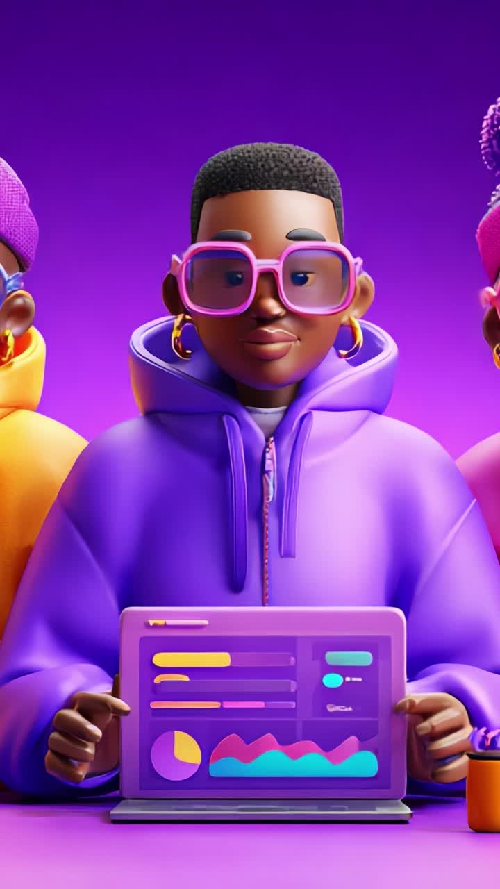 A stylized character wearing purple attire and oversized glasses, focused on analyzing colorful data graphs displayed on a laptop in a vibrant digital environment