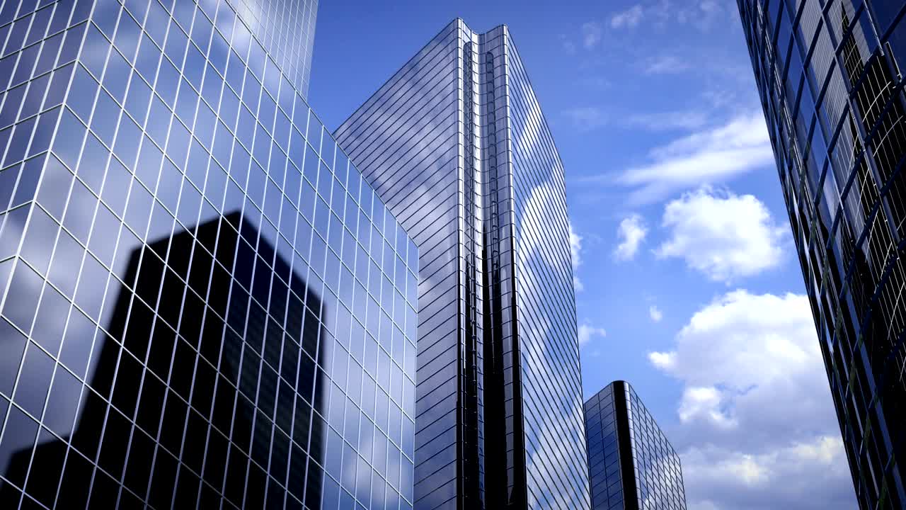 Airplane flying over business center