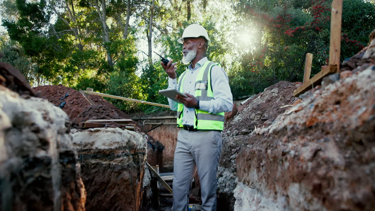 Construction supervisor using walkie talkie and tablet on site