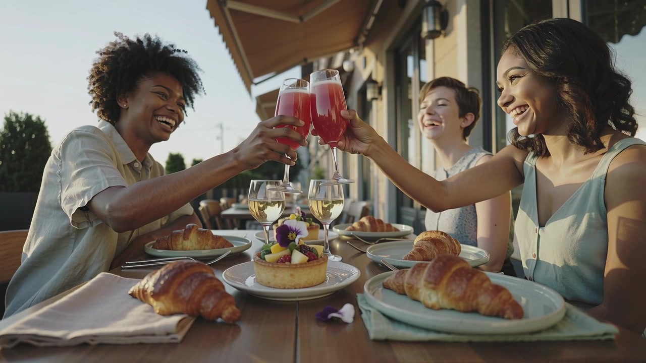 Raising flutes, three women in casual wear clinking glasses at outdoor cafe celebrating with pastry