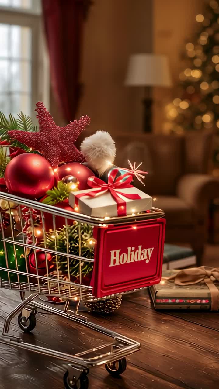 Vertical video: Mini metal cart displaying pulsing string lights at home, with holiday baubles