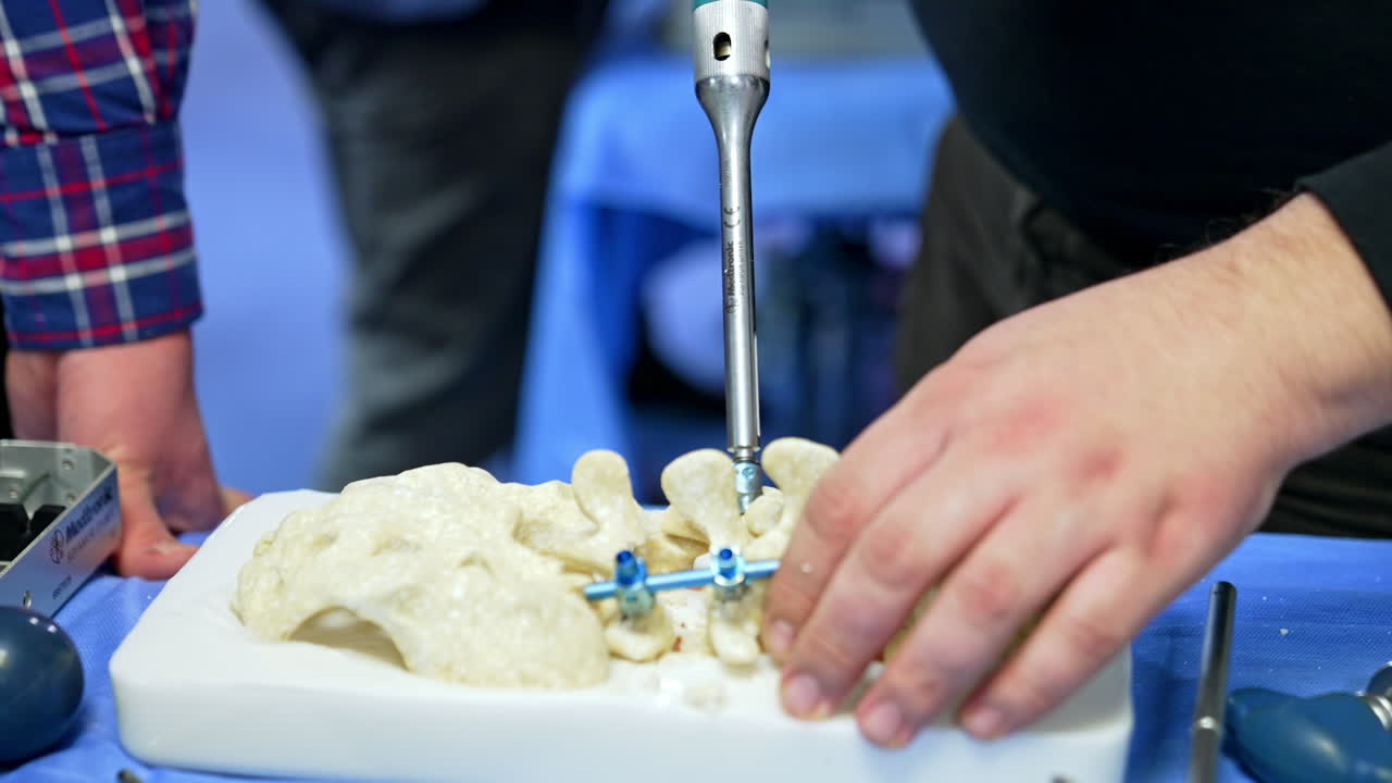 Screw driver medical tool is applied by an unrecognized male at the spine dummy. Practicing neurosurgery on a model. Close up.