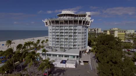 4K-Drone-Video-of-Beautiful-Oval-Tower-of-Bellwether-Resort-on-the-Gulf-of-Mexico-in-St