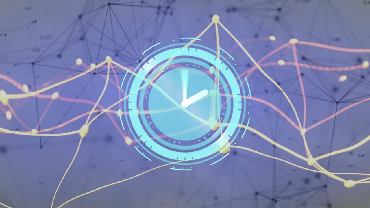 Digital clock animation over network of interconnected lines and nodes