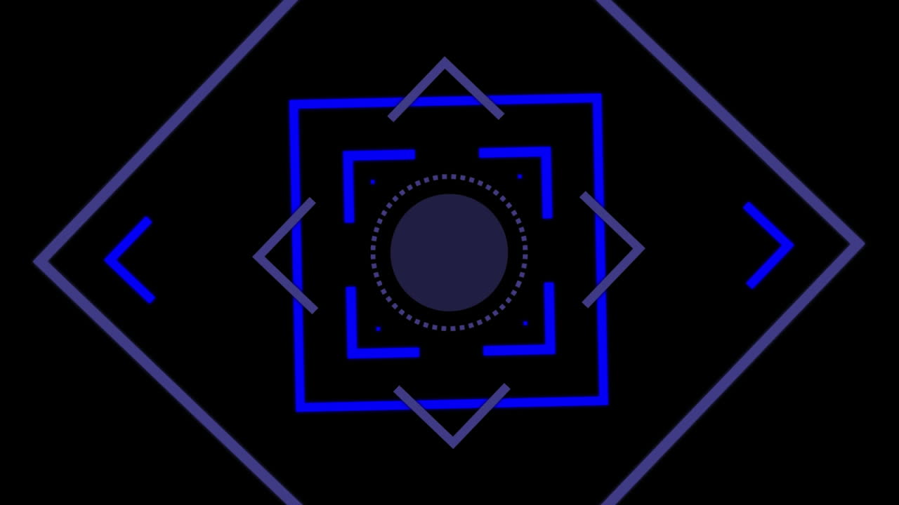animación de un alcance cuadrado azul giratorio sobre fondo negro, con líneas azules y blancas que pasan