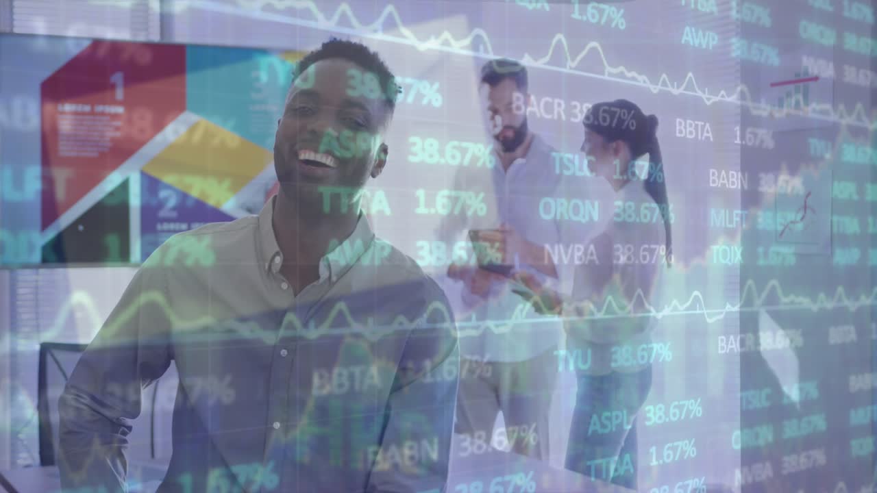 Animation of financial data and graphs over happy afrcian american man in office