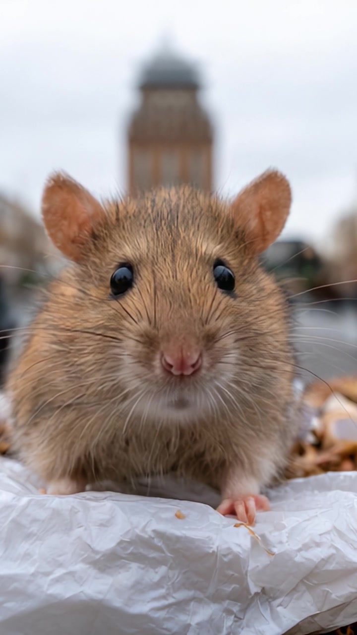 Un incontro ravvicinato con un topo curioso che esplora il suo ambiente urbano, sullo sfondo sfocato di una città, catturando il fascino della natura in un contesto inaspettato.