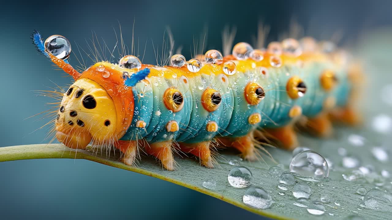 A Captivating Caterpillar with Dew Drops: An Up-Close Look at Its Colorful Body and Whimsical Features on a Leafy Background