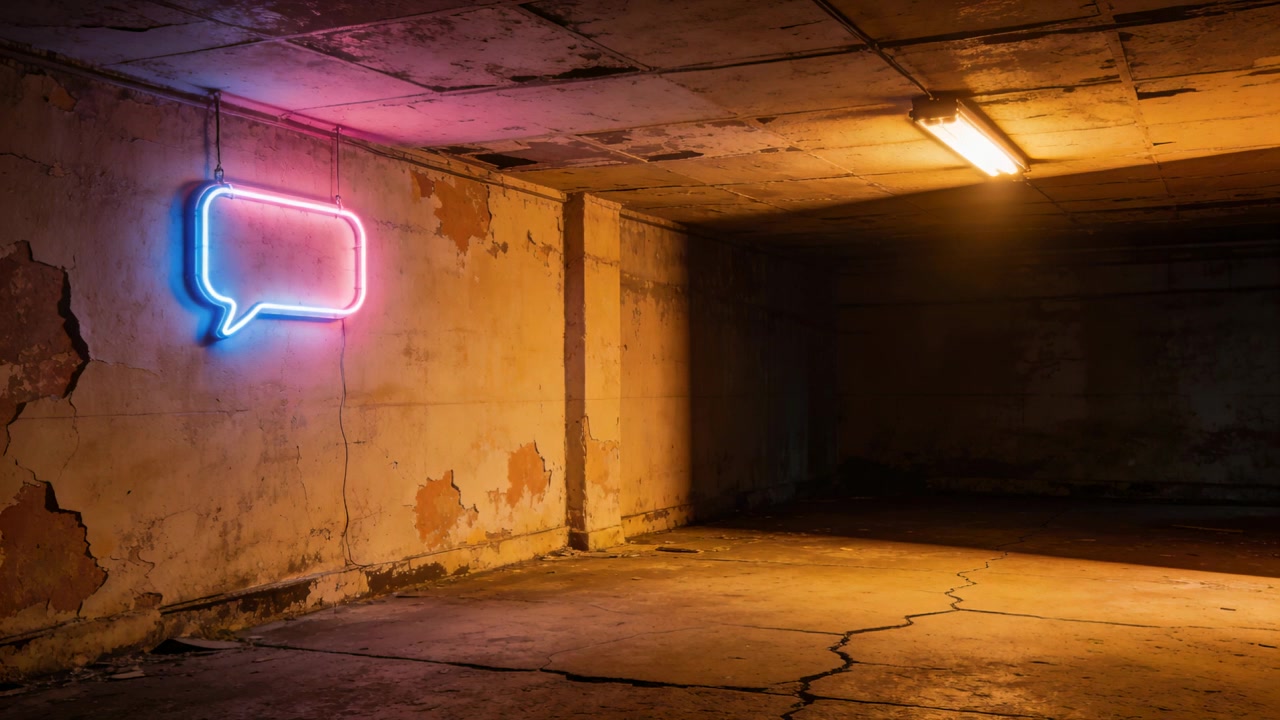 Glowing neon speech-bubble sign casting blue pink light at garage corner, ceiling light, copy space