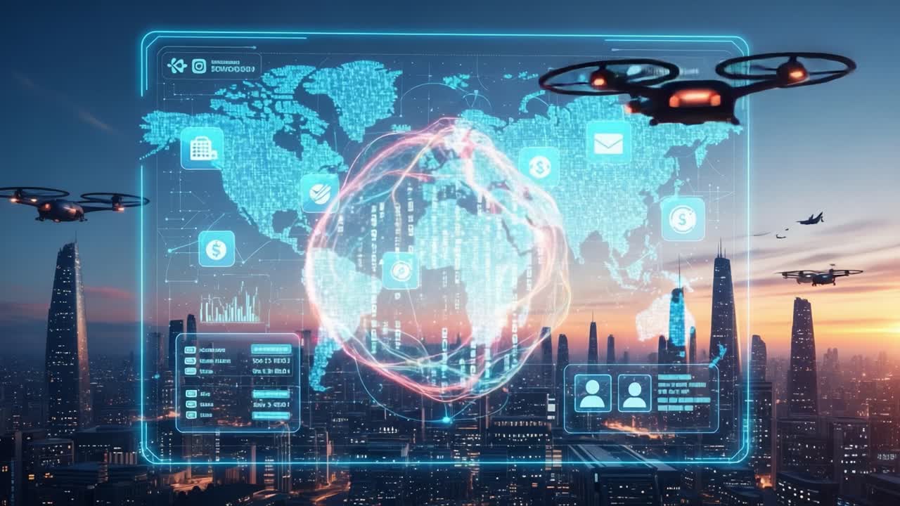 Visualizzazione Dati Futuristica su un Paesaggio Urbano Vibrante che Mostra la Connettività Globale e il Progresso Tecnologico tramite Interfacce Digitali e Droni