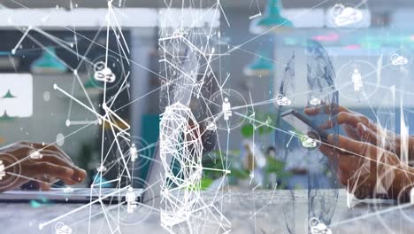 animation of network of connections and data processing over people using smartphone and laptop