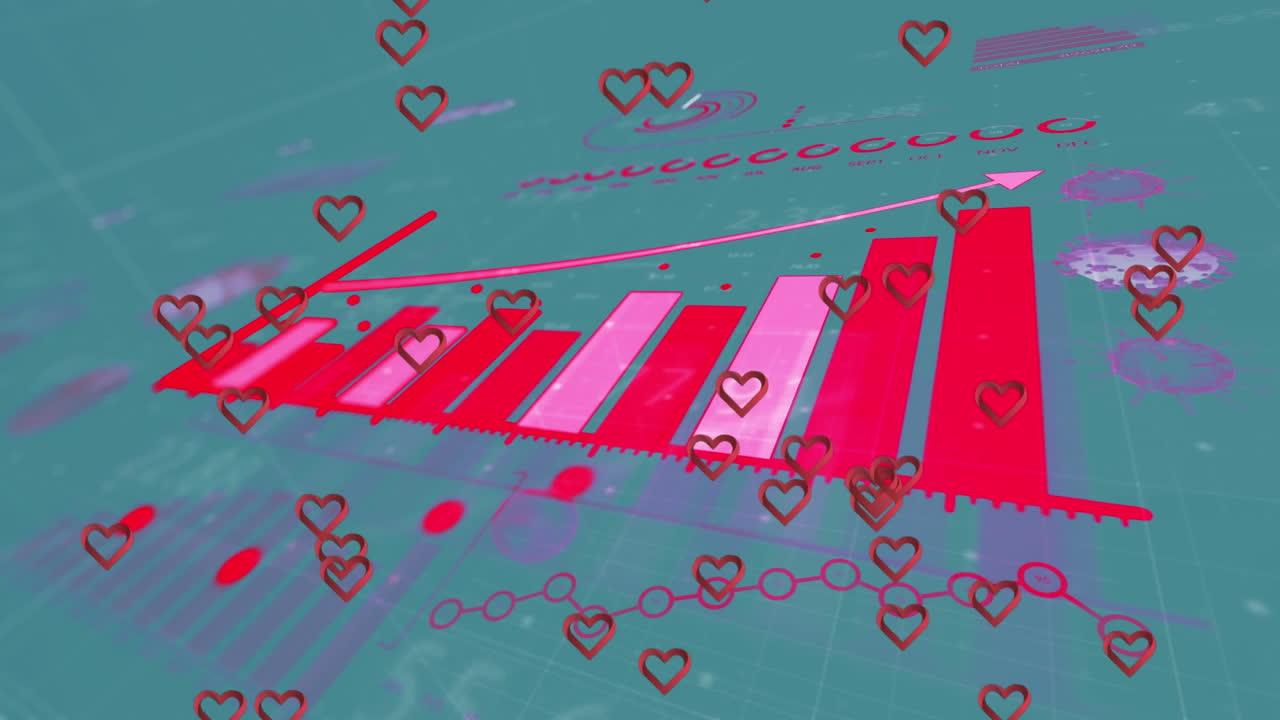 animación de las estadísticas de las células de covid-19 y los iconos de corazón sobre fondo azul