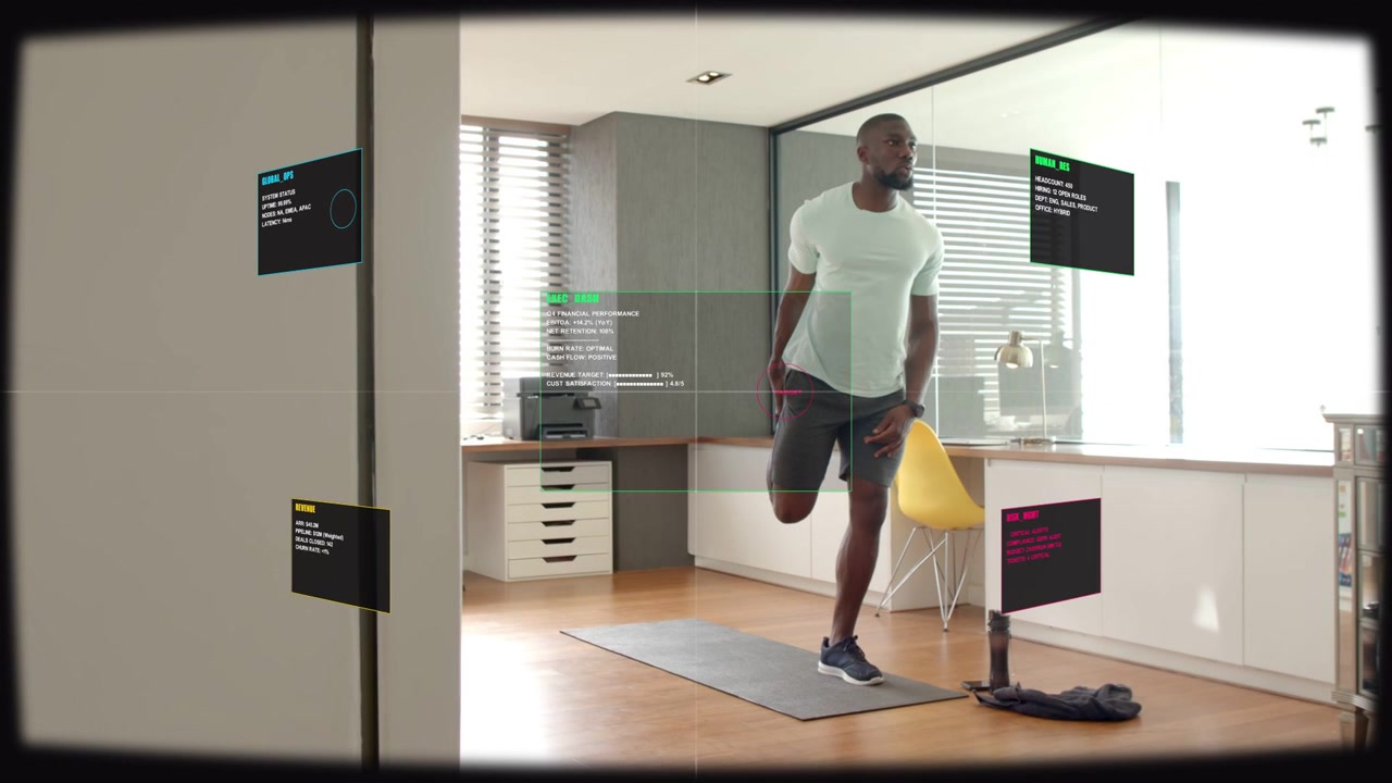 HUD popping, man stretching and marching on grey mat by chair, fitness dash updating for metrics