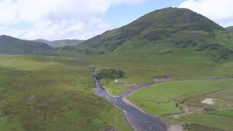 aerial pullback shot above abhain rath towards loch treig, rannoch moor