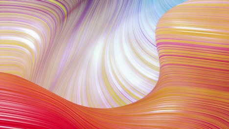 beautiful abstract background of waves on surface, red yellow color gradients, extruded lines as striped fabric surface with folds or waves on liquid. 4k loop. 15