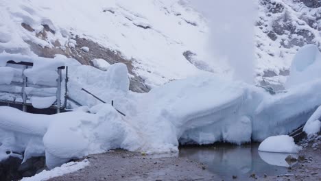 Hot-Spring-Geyser-in-Snow-Landscape-of-Yamanouchi,-Nagano-Japan