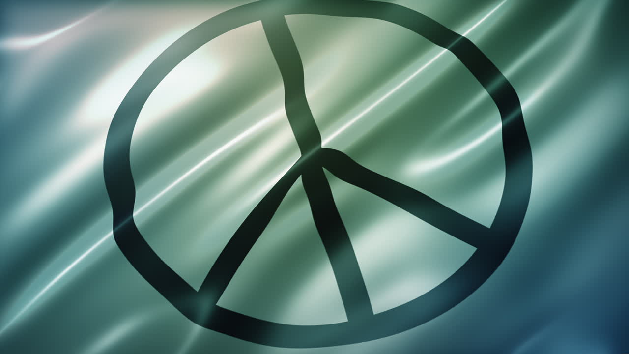 bandera internacional de la paz, vista en perspectiva, ángulo alto, elegante textura sedosa, ondeando en el viento, aspecto de película, animación realista de 4k cg, movimiento lento revoloteando, elegante, sin costuras en bucle