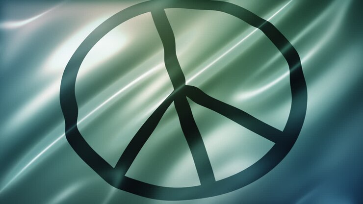 International Peace flag, perspective view, high-angle, elegant silky texture, waving in the wind, movie-like look, realistic 4K CG animation, slow-motion fluttering, sleek, seamless loop-able