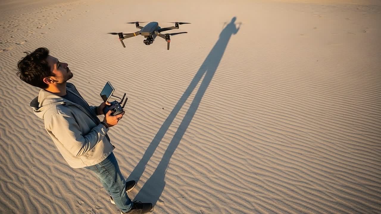A Passionate Pilot Operates a Drone Above Sandy Terrain, Casting Long Shadows as the Sun Sets on a Serene Landscape, Capturing the Beauty of Flight and Technology