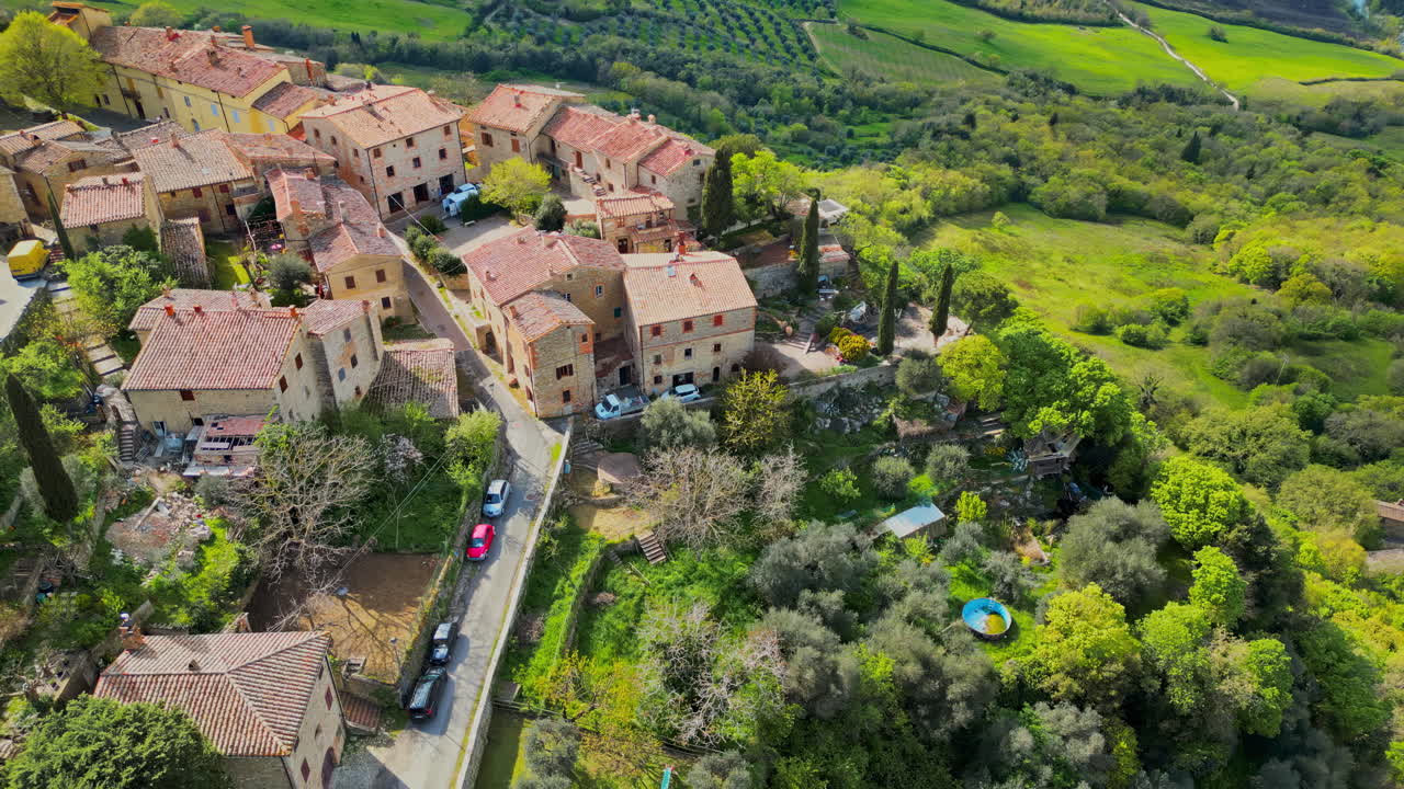 Aerial drone view of the Rocca d'Orcia village in Tuscany, central Italy