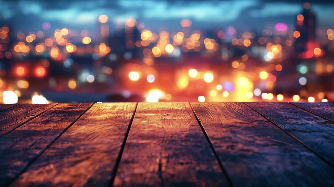 A wooden table with a city view in the background. The city lights are reflected on the table, creating a warm and inviting atmosphere