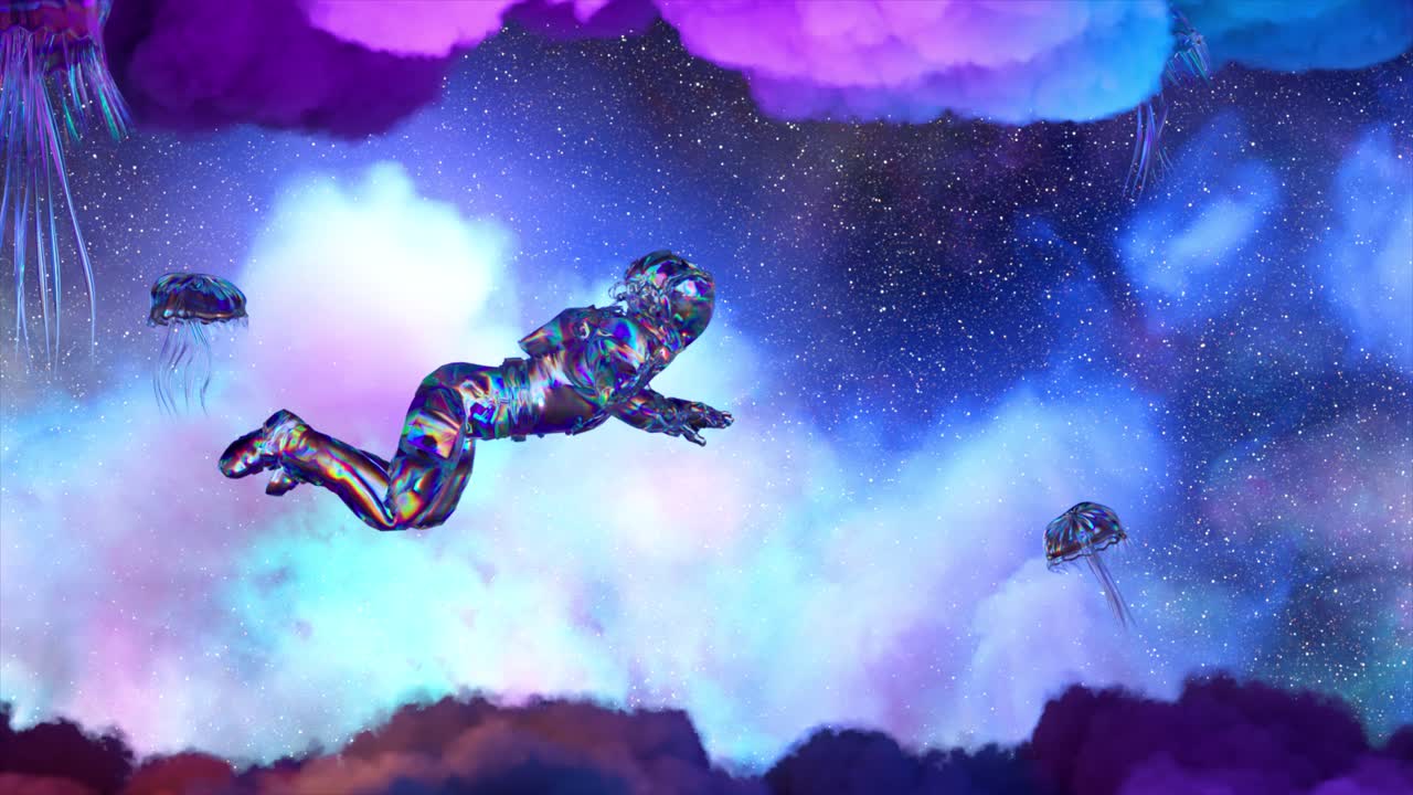 Astronaut and Jellyfish in a Colorful Nebula