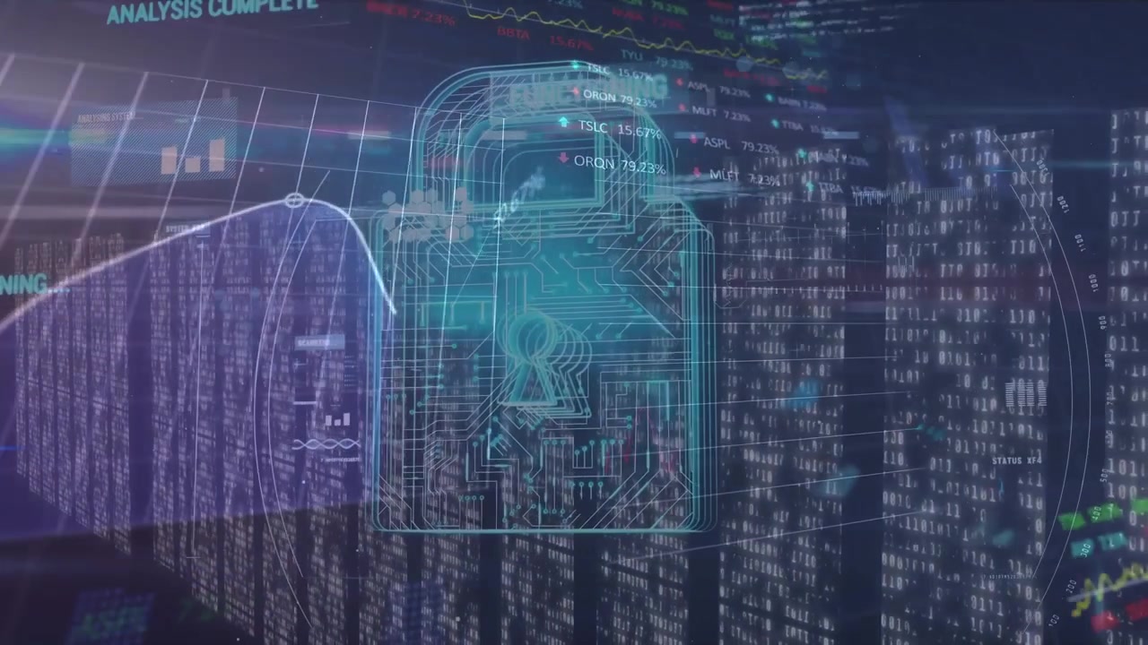 Animation of financial data processing and online security padlock over computer servers