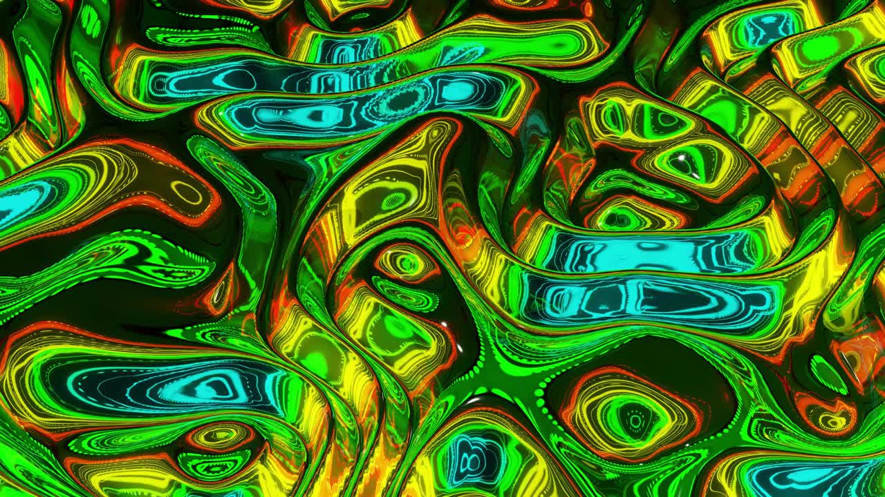 Liquid pattern like waves in looped motion. 3D stylish abstract iridescent bg of wavy surface like brilliant liquid glass with rainbow beautiful gradient colors. 4k trendy colorful fluid animation.