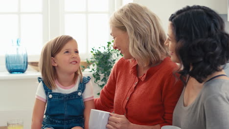 close up of same sex family with two mature mums and daughter sitting in kitchen talking together