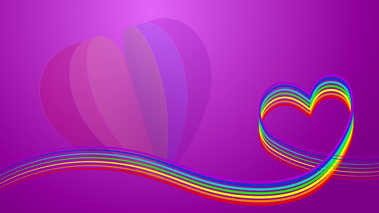 Colorful wavy ribbon of lgbt community. Animation of a love symbol heart on a purple background. Paper heart of rainbow colors.