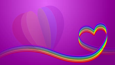 colorful wavy ribbon of lgbt community. animation of a love symbol heart on a purple background. paper heart of rainbow colors.