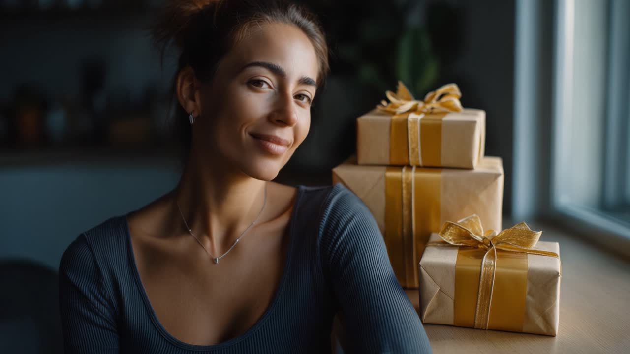 Una donna che indossa un top aderente guarda soddisfatta fuori da una finestra accanto a scatole regalo dorate splendidamente incartate, irradiando gioia e l'attesa della celebrazione